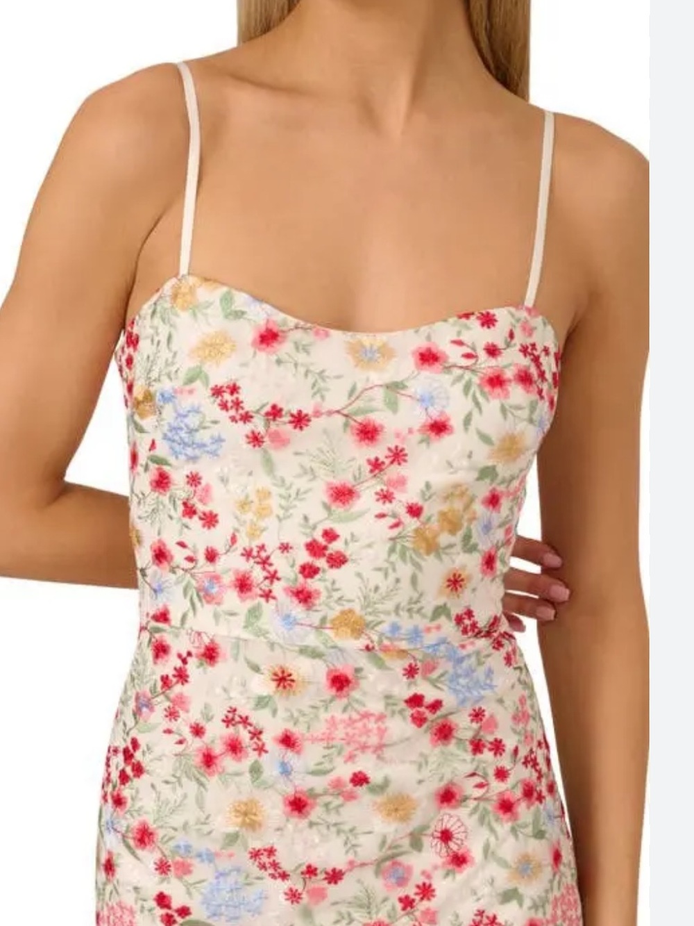 Adrianna Papell Ivory Floral Embroidered Spaghetti-Strap Midi Dress